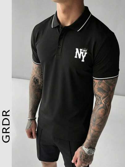  GRDR 男士夏季时尚字母印花撞色领短袖 Polo 衫，适合外出、商务旅行和日常社交聚会