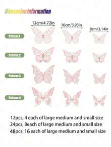 48片3D粉色蝴蝶墙贴，蝴蝶生日装饰，蝴蝶派对装饰，蛋糕装饰，客厅装饰，家居装饰，情人节装饰，婚礼季装饰，节日装饰，可移除贴纸（粉色）。DIY蝴蝶装饰。情人节。配件。 - 粉色 - 查看 3