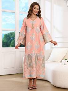 ASBB 耐穿彩色亮片刺繡阿拉伯女式 JALABIYA 長裙，開衩下擺，優雅休閒度假穿搭，2026年秋季，沙烏地阿拉伯國慶服裝（隨機非定位刺繡） - 珊瑚粉 - 查看 4