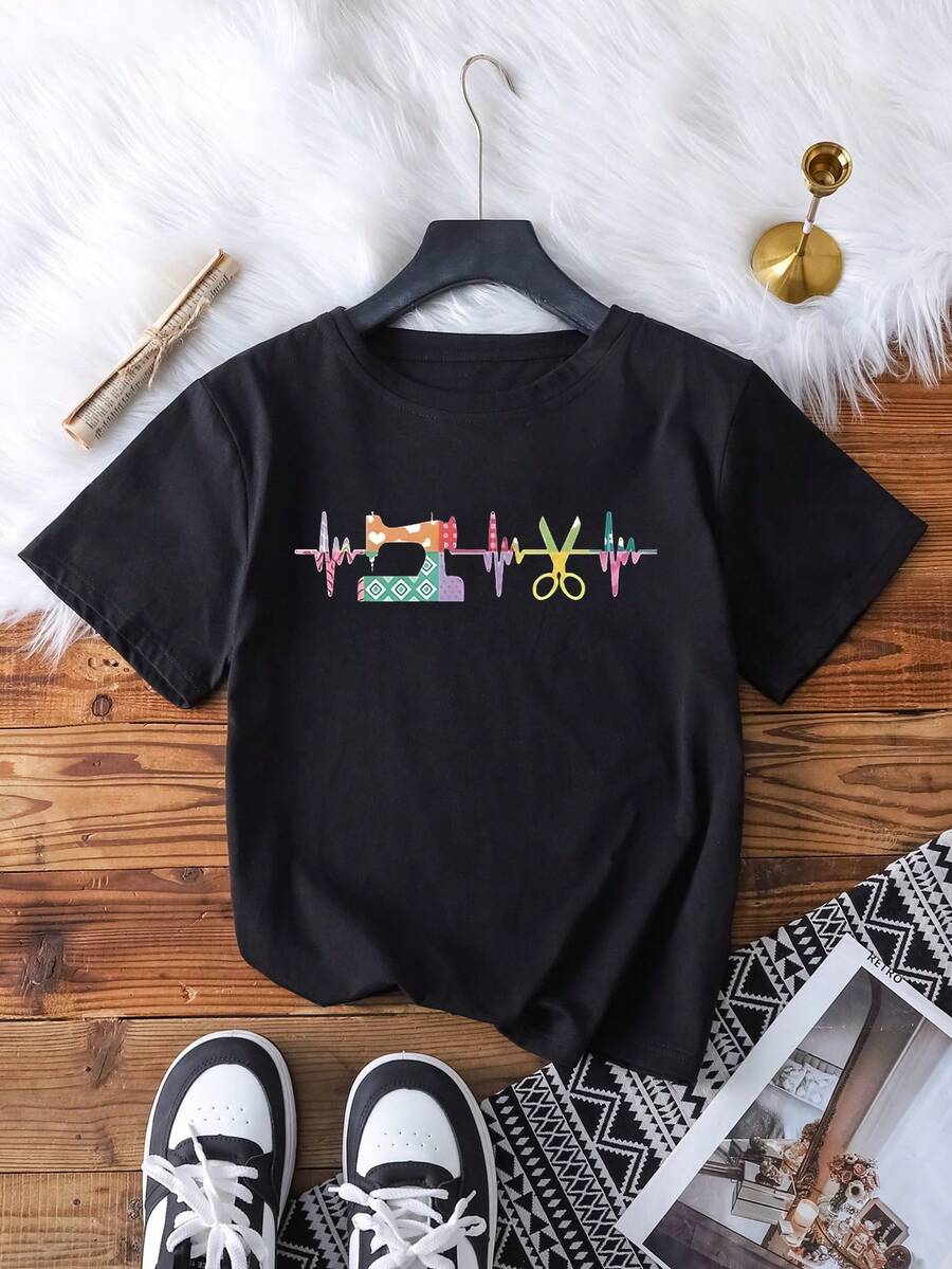 Pattern Print Short Sleeve Round Neck T-Shirt, Minimalist And Fashionable, Suitable For Summer - Black - View 1