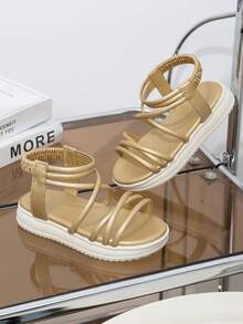 一双儿童浅金色多条纹平底凉鞋。适合与小伙伴玩耍、日常出行和户外聚会，夏季穿着，简约休闲风格。 - 金色 - 查看 4