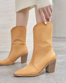 Womens Cowboy Mid Calf Boots Chunky Block Heel Pointed Toe Suede Western Cowgirl Boots - Màu Khaki - Xem 1