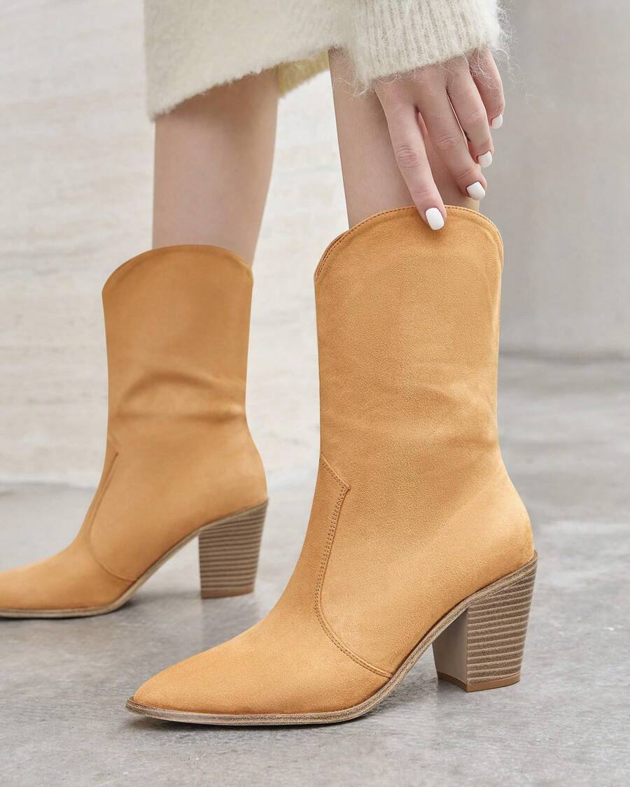 Womens Cowboy Mid Calf Boots Chunky Block Heel Pointed Toe Suede Western Cowgirl Boots - Màu Khaki - Xem 1