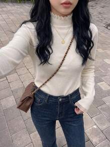 Rikumo Solid Drop Shoulder Ruffle Trim Sweater Winter - White - View 1