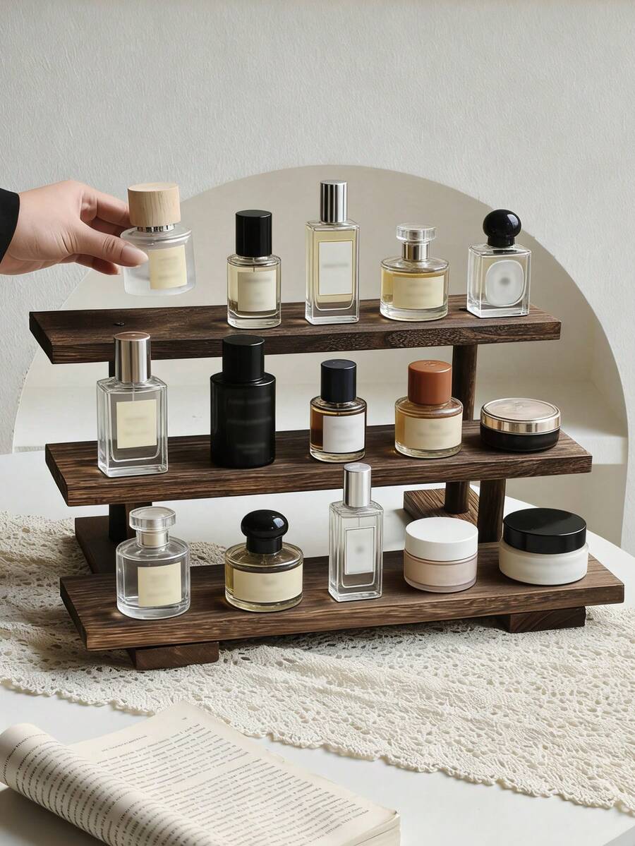 1pc Retro Niche Wooden Multi-Layer Desktop Storage Rack, Ins-Style High-End Perfume & Cosmetics Organizer Rack, Vanity Table Organizer, Entryway Tabletop Miscellaneous Storage Rack. Suitable For Entryway, Desk, Vanity, Dorm, Office. - Multicolor - View 1
