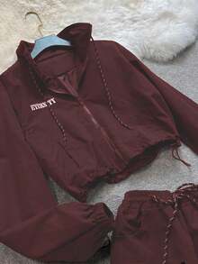 SAOYANGYU Bộ 2 món áo khoác và chân váy mini in chữ "ETERNITY" trơn màu phong cách đường phố dành cho nữ - Gỗ đỏ - Xem 3