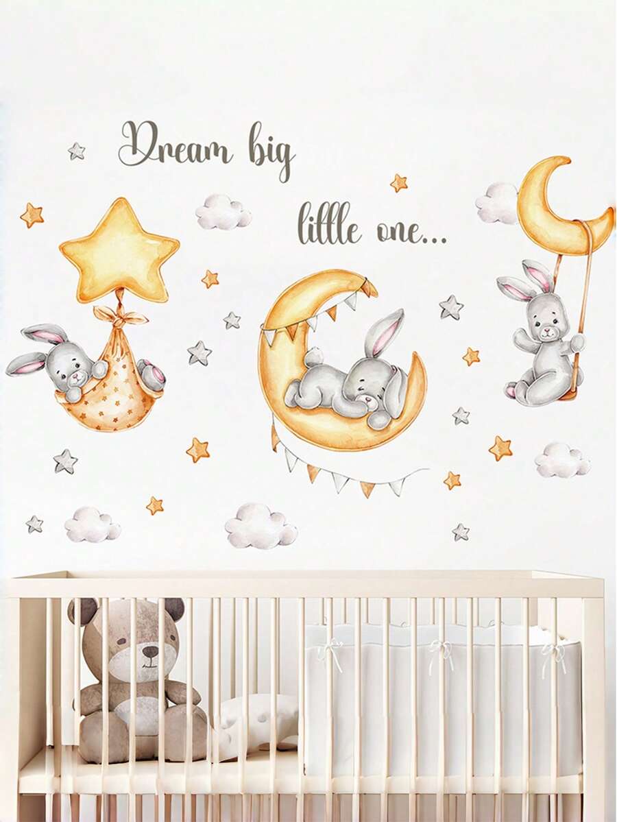 1pc Cartoon Star And Moon With Cute Rabbit Wall Decals, Nursery Wall Decor Stickers, Wall Decor For Kids Bedroom, Baby Room, Playroom Decoration - Multicolor - View 1