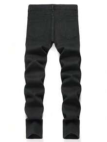 Vaqueros negros para hombres con agujeros y parches, diseño de estampado de letras, letras de color sólido, corte ceñido, pantalones de trabajo negros lavados al agua, un regalo adecuado para el marido o el novio. - Negro - Ver 2