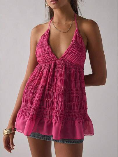 Women Ruffle Hem Halter Tank Top Y2k V Neck Peplum Backless Cropped Cami Top Fairy Flowy Babydoll Shirt