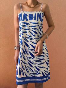 Sea Starshine Bohemian Style Beach Casual Versatile Bib Letter & Sardine Print Vacation Dress For Women, Spring/Summer - Blue - View 4