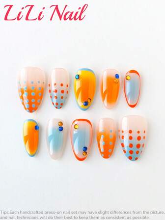 10 st handgjorda akrylnagelstickers, nagelkonsttillbehör, mandelformade nagelstickers, korta nagelstickers, blå & orange nagelstickers, söta nagelstickers, strassnagelstickers, prickiga nagelstickers, höstnagelstickers, set med festnagelstickers, set med akrylnagelstickers, nagelkonstverktyg, ombre rouge nagelstickers