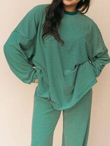 Women's Casual Striped Oversized Long Sleeve Lounge Set With Wide-Leg Pants - màu xanh lá - Xem 3