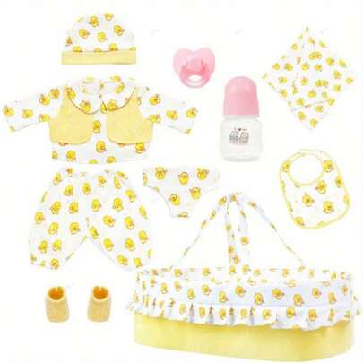 (Dolls Not Included) 10-Piece Doll Bassinet Set Suitable For 16-18 Inch Children, Including Bassinet, Bottle, Pacifier, Clothes, And Shoes. A Surprise Birthday Gift, Christmas Present, And Doll Accessory For Your Child.