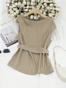 女士新款优雅圆领无袖简约系带仿亚麻衬衫，适合工作及各种场合，休闲夏季上衣，荷叶边下摆，优雅女士衬衫，春假休闲装，商务休闲女装 - 卡其色 - 查看 6