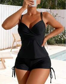 Bikini de Mujer de 2 Piezas Top Tipo Tankini con Shorts Deportivo,Escote en V,Tirantes Ajustables,Abdomen,Traje de Baño para Playa - Negro - Ver 9