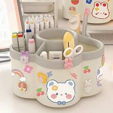 1pc Rotating Pen Holder Organizer, High Capacity, Compartments, Suitable For Student, Children Desk, Creative Pen Rack, Minimalist Design (Random Sticker Pattern) - Multicolor - View 11