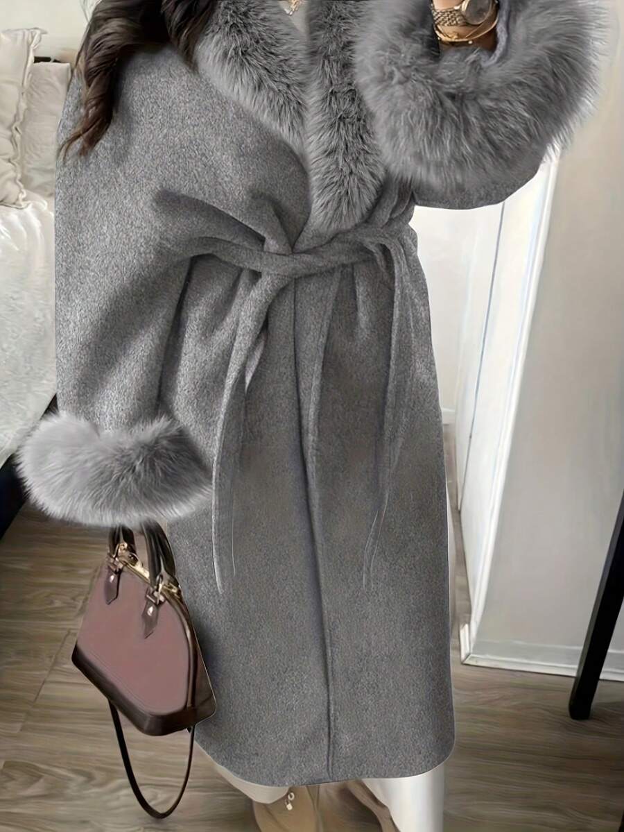Elegant Women's Wool Blend Overcoat With Faux Fur Collar And Cuffs, Autumn/Winter - Grey - View 1