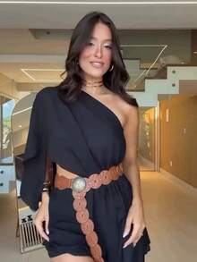 Casual Elegant Asymmetrical Buttons Front Beach - Black - View 3