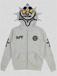 Unisex Skull Print Hoodie Lazy Vibe Long Sleeve Zip-Up Street Fashion - 灰色黑臉 - 查看 2