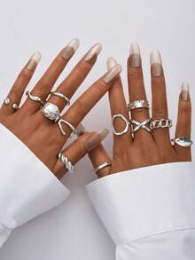 10pcs Set Minimalist Metal Geometric Wide Band Ring Set, Vintage Style Rings For Women, Suitable For Vacation, Beach, Date, Casual, Party And Other Occasions - 10 Rings - View 4
