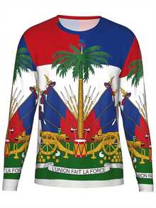 Men'S Long-Sleeve Shirt With Haitian Flag And Cultural Elements | Street Style Casual Long-Sleeved T-Shirt, Crew Neck, Regular Fit, Slight Stretch Fabric, All Over Print - Mixed Color - View 1