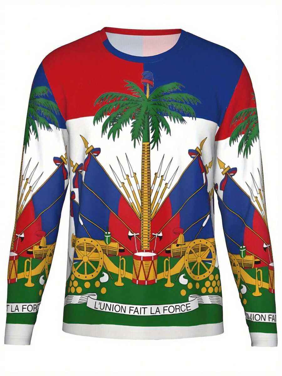 Men'S Long-Sleeve Shirt With Haitian Flag And Cultural Elements | Street Style Casual Long-Sleeved T-Shirt, Crew Neck, Regular Fit, Slight Stretch Fabric, All Over Print - Mixed Color - View 1