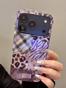 奢华豹纹拼接波浪鹰爪虎纹手机壳，兼容 17 Pro Max、17 Pro、17 Air、17、12、13、14、15、16 Pro Max、14 Plus、15 Plus、16 Plus、11、17、16、15、14、13、12，亮面保护壳 - 紫色拼接豹紋 - 查看 6