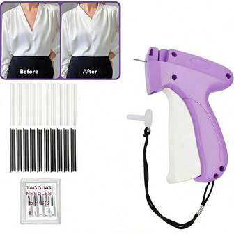 手持式服装标签枪，适用于服装，可快速缝制服装扣件和标签，缝纫套装包含6根针、500个黑色扣件和500个白色扣件，紫色