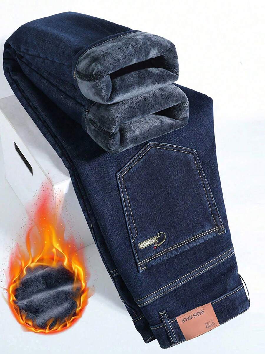 男士保暖牛仔裤、保暖直筒牛仔裤、冬季厚款保暖牛仔裤、时尚斜插袋棉质牛仔裤 - 藍色 - 查看 1