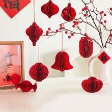 1pc 16 Styles Red Chinese Lantern, Honeycomb Folding Paper Lantern, Chinese New Year Decoration Lantern, Spring Festival Celebration Decor, Non-Electric, Wedding Lantern, Wall Hanging, Festival Party Room Decor, Chinese New Year Gift - Multicolor - View 5