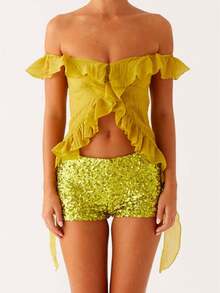 Women Off Shoulder Tops Ruffle Trim Solid Color Backless Showing Navel Shirts Summer Streetwear - Light Green - View 1