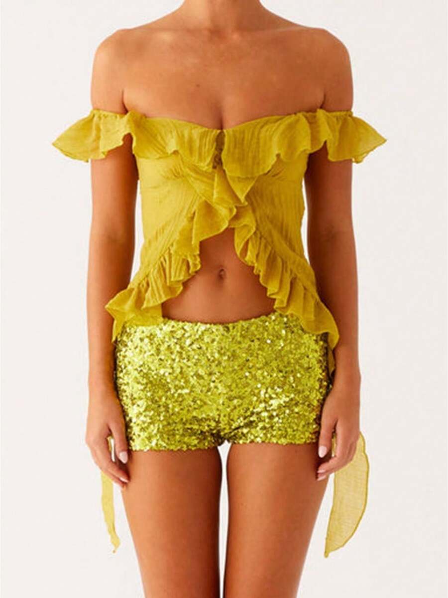 Women Off Shoulder Tops Ruffle Trim Solid Color Backless Showing Navel Shirts Summer Streetwear - Light Green - View 1