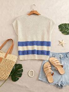 Áo dệt kim mùa hè phong cách retro dành cho nữ: Cổ chữ V, họa tiết sọc và xẻ tà bên hông, dáng rộng không tay - Trang phục thường ngày đa năng. - Màu Khaki - Xem 8