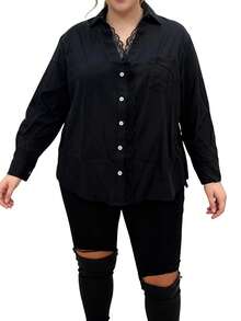 Women's Fall Plus Size Tops Button Down Stylish Lace Trim Solid Color V Neck Long Sleeve Blouse - màu đen - Xem 10