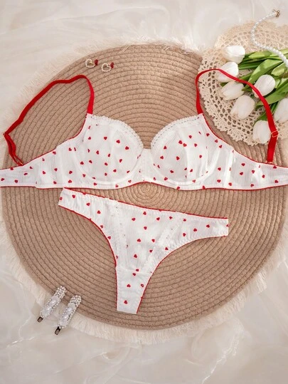 1 Set Women's Solid Color Heart Print Underwire Soft Cup Comfortable Lingerie Set
