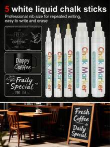5 buc/set markere profesionale cu cretă lichidă albă, pixuri cu cretă pe bază de apă, fără praf, pentru publicitate, tablă, 5 dimensiuni diferite ale vârfului, utilizare versatilă
