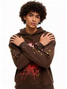 Men's Hip Hop Spider Web Pattern Graphic Alphabet Print Harajuku Vintage Hoodie Long Sleeve Street Wear Top For Both Men And Women Oversized Hoodies - Brown - View 2