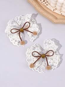 2pcs White Bow Hair Clips For Kids, Brown Lace Bow Decorated Hair Clips For Kids, Fashionable Crocodile Clip Hair Accessories Party Gift - White - View 4