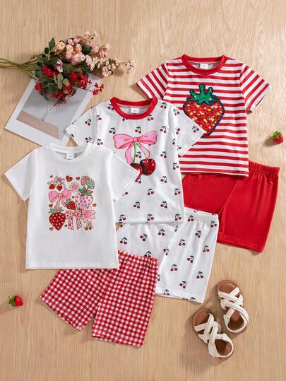 3pcs/Set Girls Casual Striped Bow & Fruit Pattern Contrast Color Round Neck Short Sleeve Top T-Shirt And Elastic Waist Shorts 2pcs Outfit, Summer