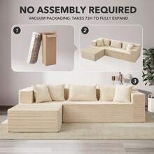 Techigher Modular Sectional Sofa, Modern Corduroy Couches With L-Shape Chaise For Living Room Bedroom (Left Facing Chaise) - Beige - View 7