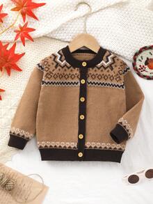 Toddler Retro Casual Colorblock Wavy Geometric Pattern Knit Cardigan, Dignified And Elegant, Suitable For Outdoor Play Outfit - Brown - View 1