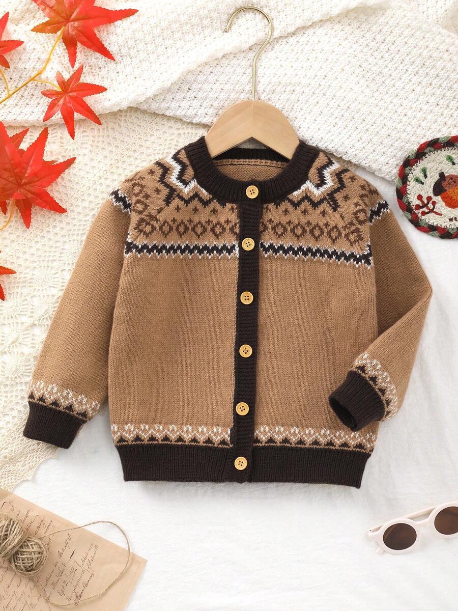Toddler Retro Casual Colorblock Wavy Geometric Pattern Knit Cardigan, Dignified And Elegant, Suitable For Outdoor Play Outfit - Brown - View 1