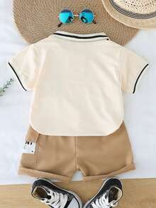 婴幼儿夏季卡通熊领短袖短裤套装 - 杏色 - 查看 2