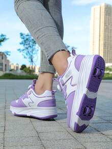 女童四轮滑冰鞋，新款儿童轮滑运动鞋，四季通用PU皮革轻便耐用轮滑鞋，时尚旋转扣可调节双轮隐藏式轮滑鞋，轮子可自由拆卸，二合一轮滑/滑冰鞋，青少年轮滑运动鞋