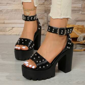 Sandalias con tachuelas de estilo punk, zapatos de mujer con suela gruesa, tacón ancho y correa, zapatos de plataforma impermeables de estilo punk rock