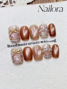 10pcs Handmade Nails Square Nails Press On Nails Short, Gentle Orange,Pink Nails Gradient, Flashy Cateye, Polka Dots Irregular Lines Gold Foil Nail Charms 3D Bow Pearl Inlaid, Simple Elegant Luxury Autumn Nails - Multicolor - View 3