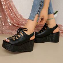 女士厚底系带凉鞋，沙滩/运动交叉绑带，舒适轻便，适合度假、春夏、旅行必备 - 黑色 - 查看 4