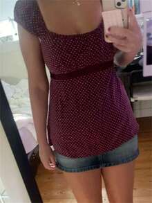 Women Fairy Grunge Y2k Babydoll Shirt Cap Sleeve Cute Polka Dot Tie Back Flowy Top Preppy Clothes - 酒紅色 - 查看 3