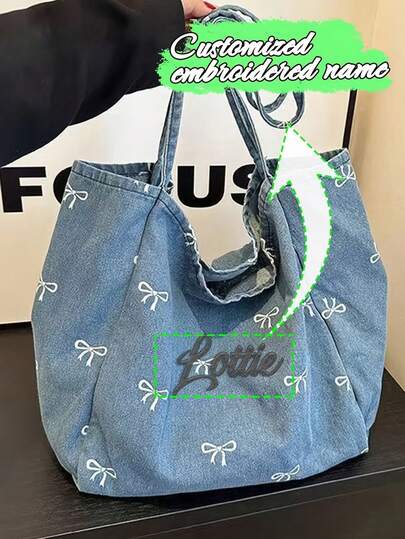Customized Embroidered Name Denim Tote Bag, Bow-Print Personalized Shoulder Bag For Daily & Casual Use, Ideal For Carrying Books, Groceries, Essentials, Adding A Unique & Stylish Touch To Outfits, Suitable For Fashion Enthusiasts, Students, Commuters, Gift Givers, Perfect For School Runs, Shopping Trips, Weekend Errands, Gift Exchanges(Customizable With Any Name)