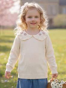 年轻女孩优雅刺绣领长袖针织毛衣 - 米色 - 查看 4